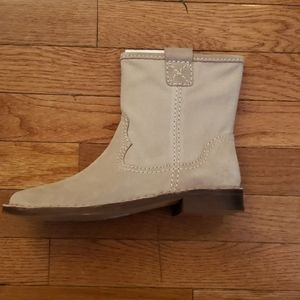 Clarks canvas and suede cream colored booties
